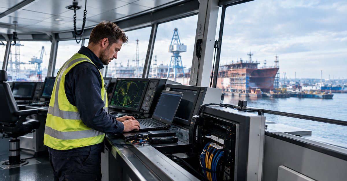 Commissioning engineer test navigatiesystemen op de brug van een nieuwbouwschip op een werf