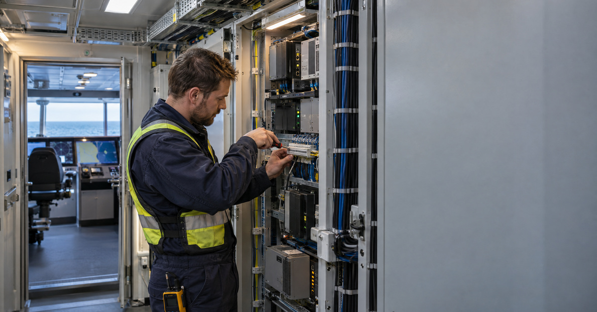 Field service engineer sluit kabels aan in de elektronicakast van een schip, met doorkijk naar de stuurhut