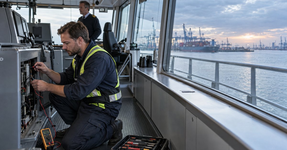 Field service engineer repareert navigatieapparatuur in de stuurhut van een schip in de haven van Rotterdam